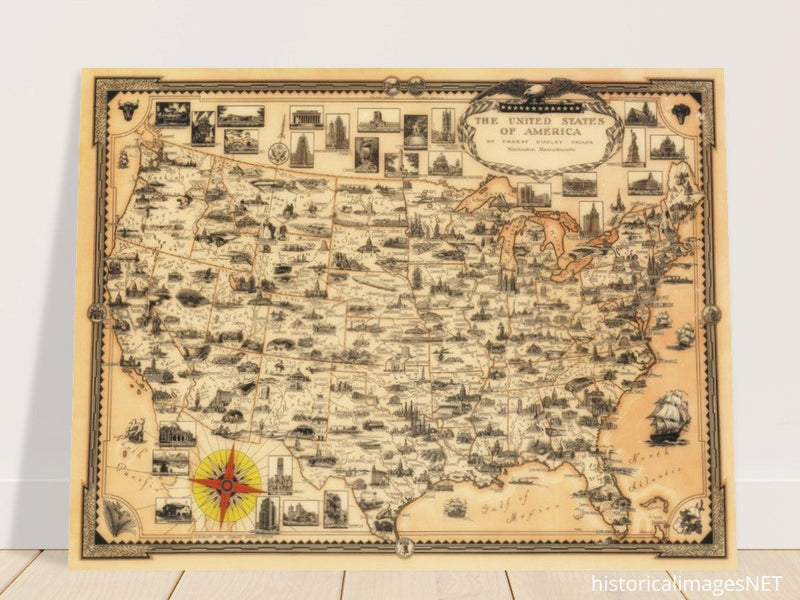 Pictorial old map of the United States of America by Ernest Dudley Chase