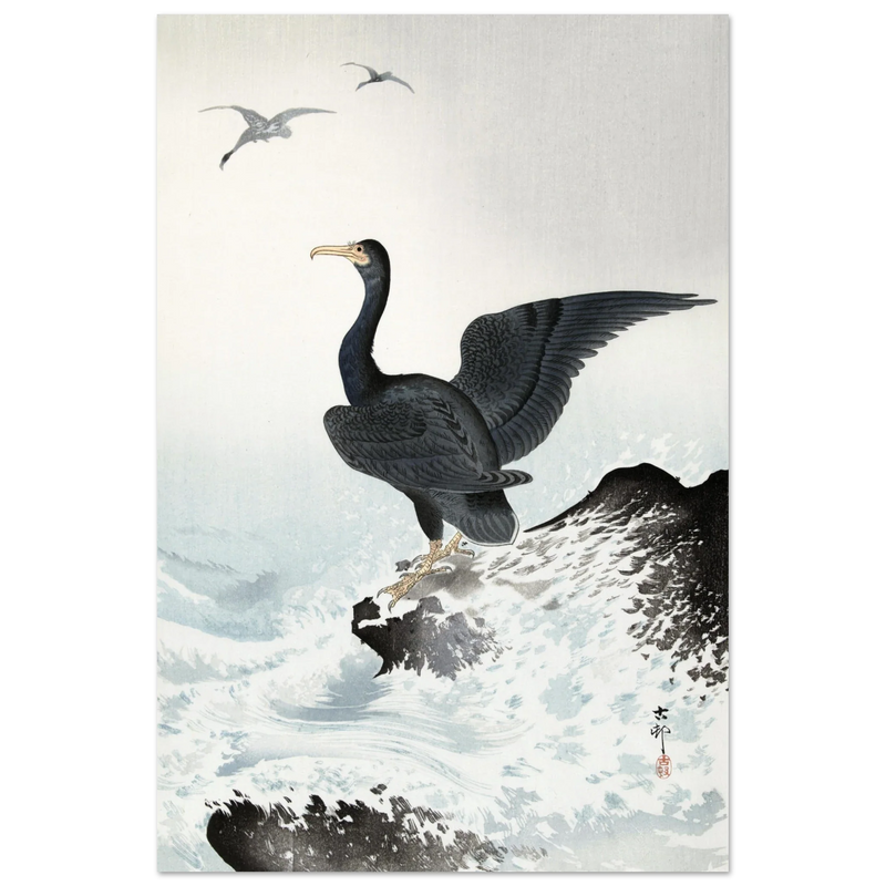 Ohara Koson Red-faced cormorant on rock, woodblock print  art