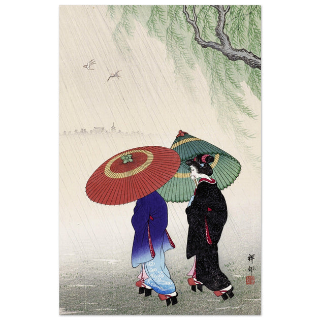 Two women in the rain by Ohara Koson