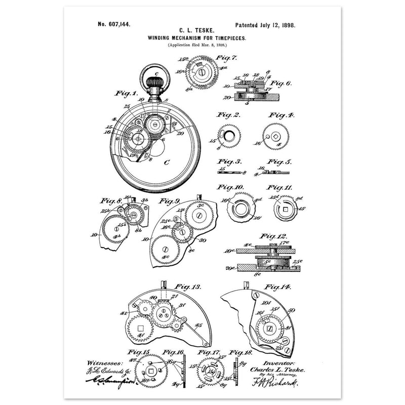 Winding Mechanism for Time Pieces, vintage clock patent .