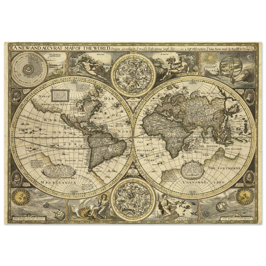 Old World map 1626. John Speed famous double hemisphere cartography with beautiful illustrations.