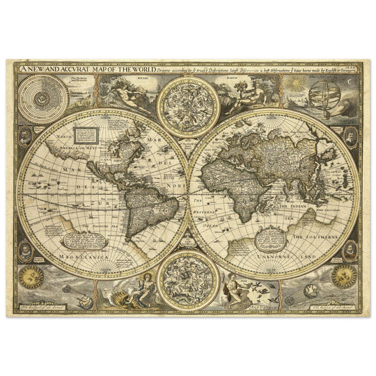 Old World map 1626. John Speed famous double hemisphere cartography with beautiful illustrations.