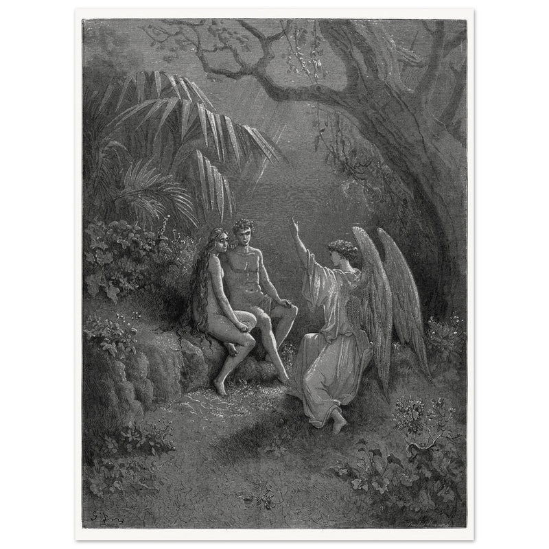 Gustave Dore Paradise Lost engraving . Archangel Rapahel with Adam and Eve in Eden.