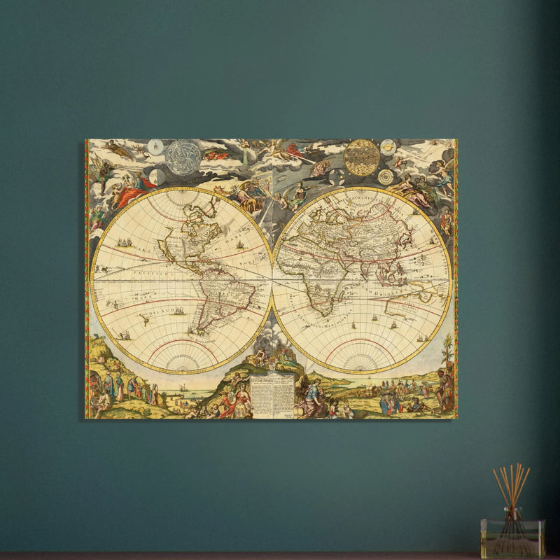 1700 Vintage historic world map poster reproduction by Paolo Petrini.