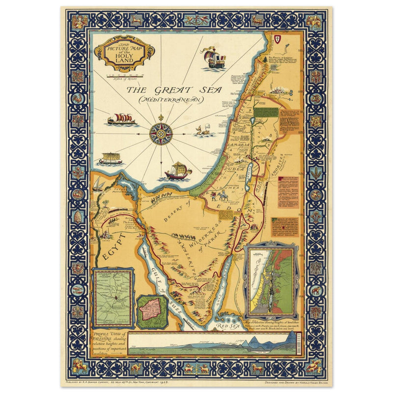 The Picture Map of the Holy Land by Harold Haven Brown . Biblical Palestine vintage map.