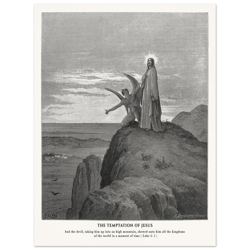 Gustave Dore The Bible engraving print . The temptation of Jesus illustration .