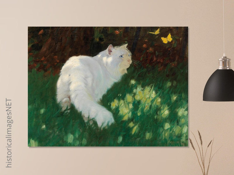 White Cat and Butterflies old painting by Arthur Heyer .