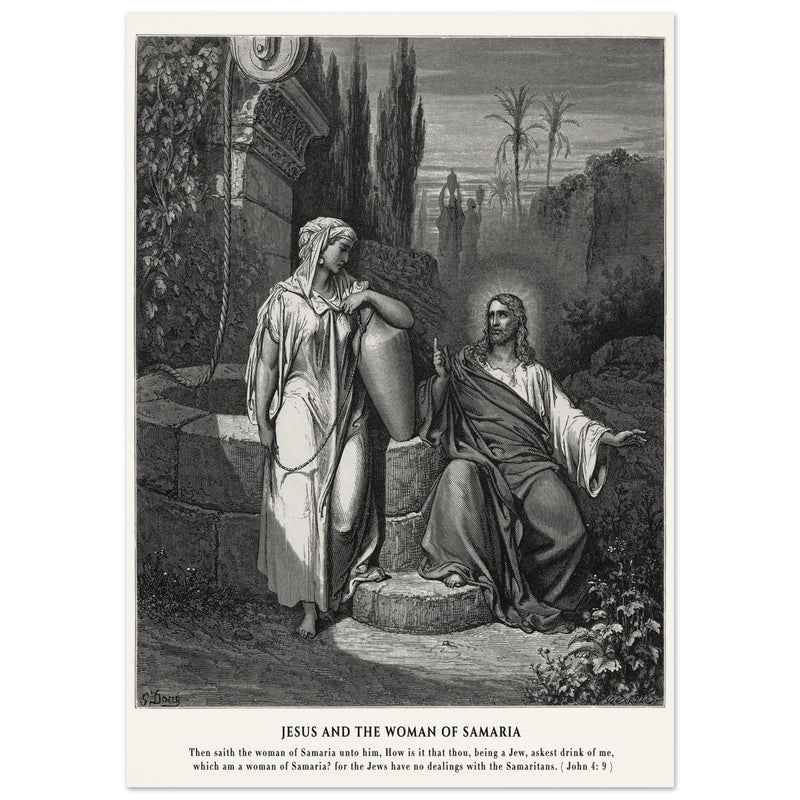 Gustave Dore The Bible engraving print . Jesus and the woman of Samaria illustration .