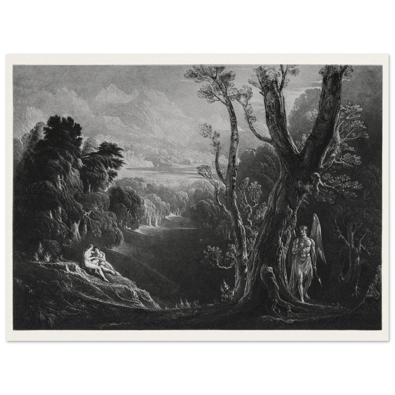 John Martin mezzotint engraving . Satan Contemplating Adam and Eve in Paradise. Paradise Lost by Milton.