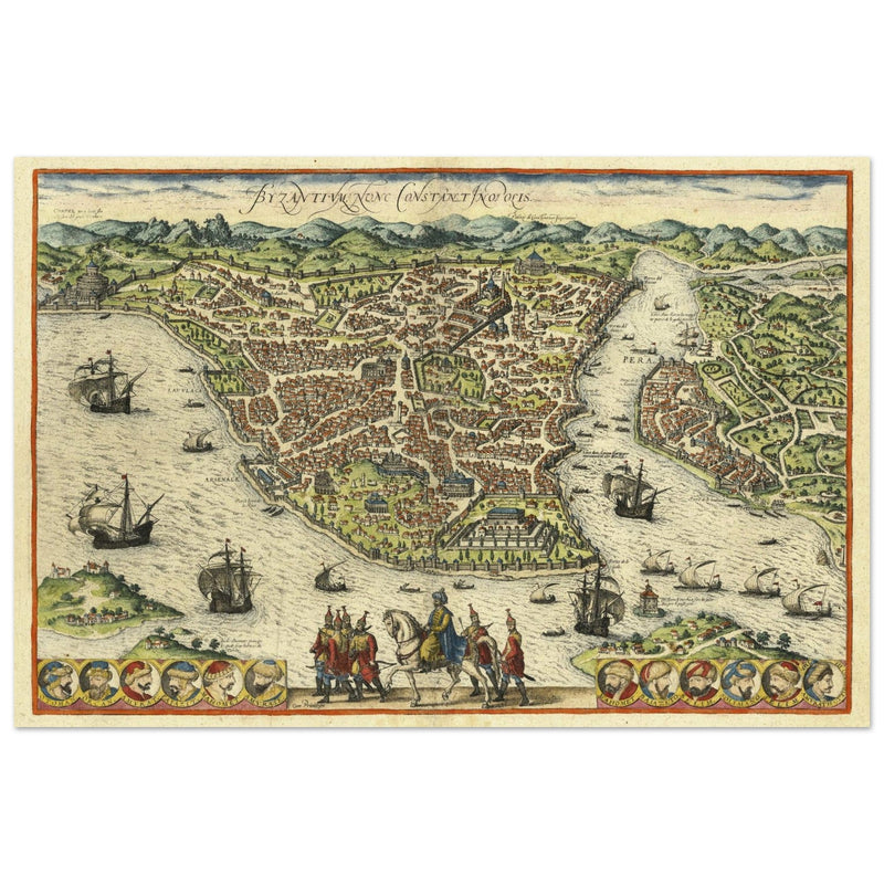 Istanbul ancient map. Byzantium Nunc Constantinopolis by Georg Braun