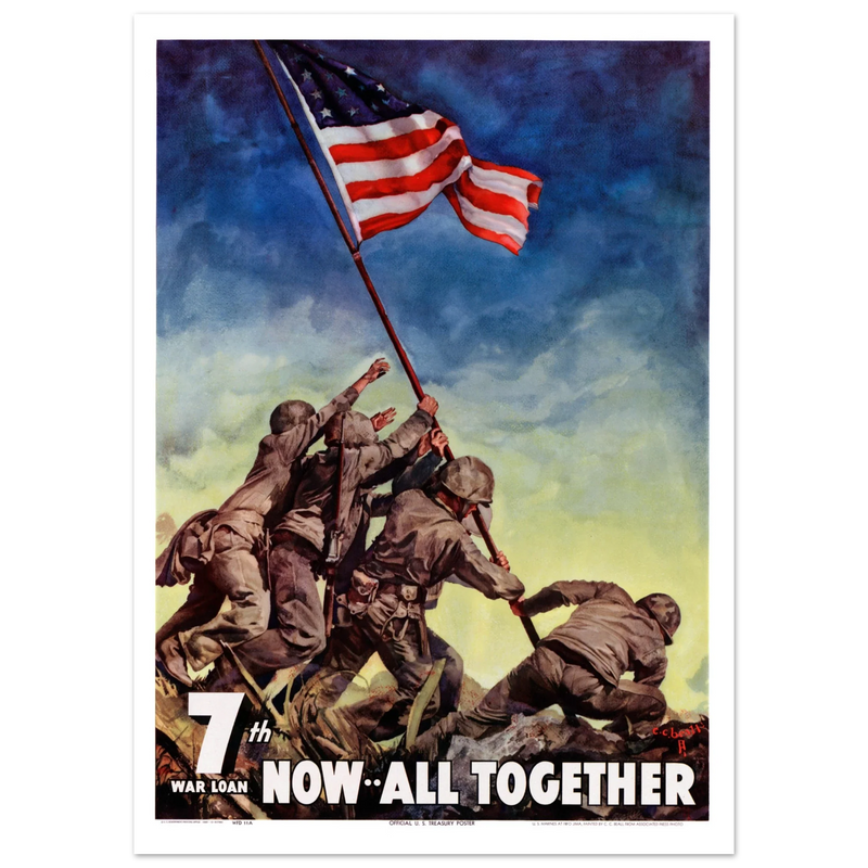 US soldiers rising american flag on mount Iwo Jima. World War 2 vintage poster