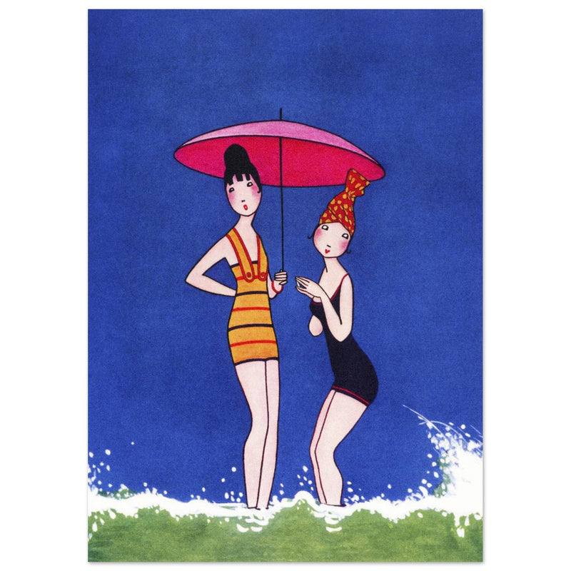 Anne Harriet Fish illustration for a cover magazine. Two women in bathing suit at the beach.