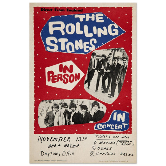 Rolling Stones music concert poster. Performance in Dayton Ohio USA 1964 .
