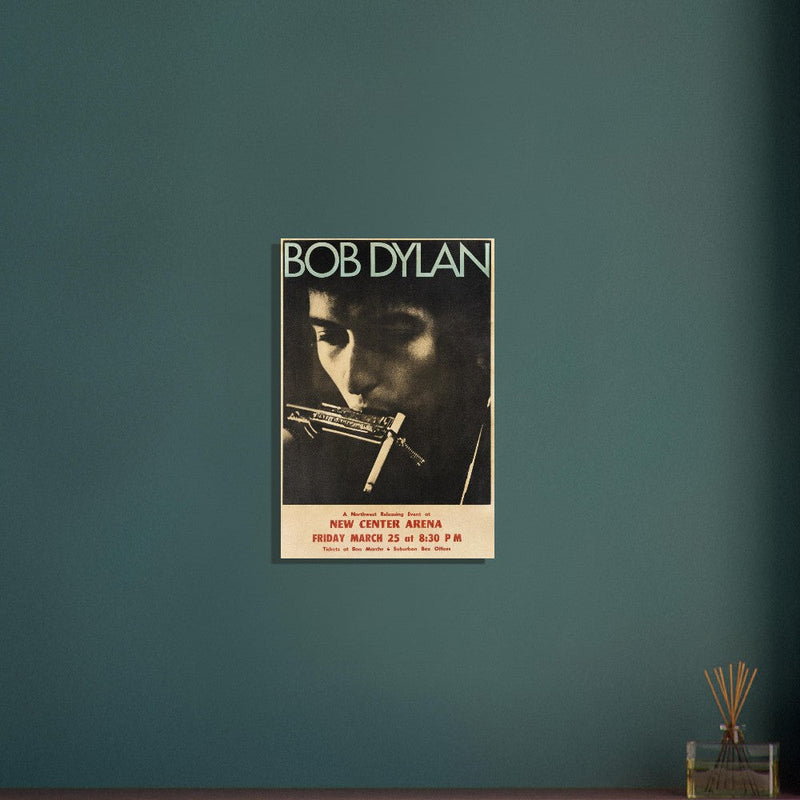 Bob Dylan poster reproduction.  of the poster that announced Bob Dylan playing at the New Center Arena.