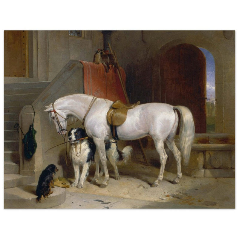 White horse in stable with dogs antique painting by Edwin Landseer.
