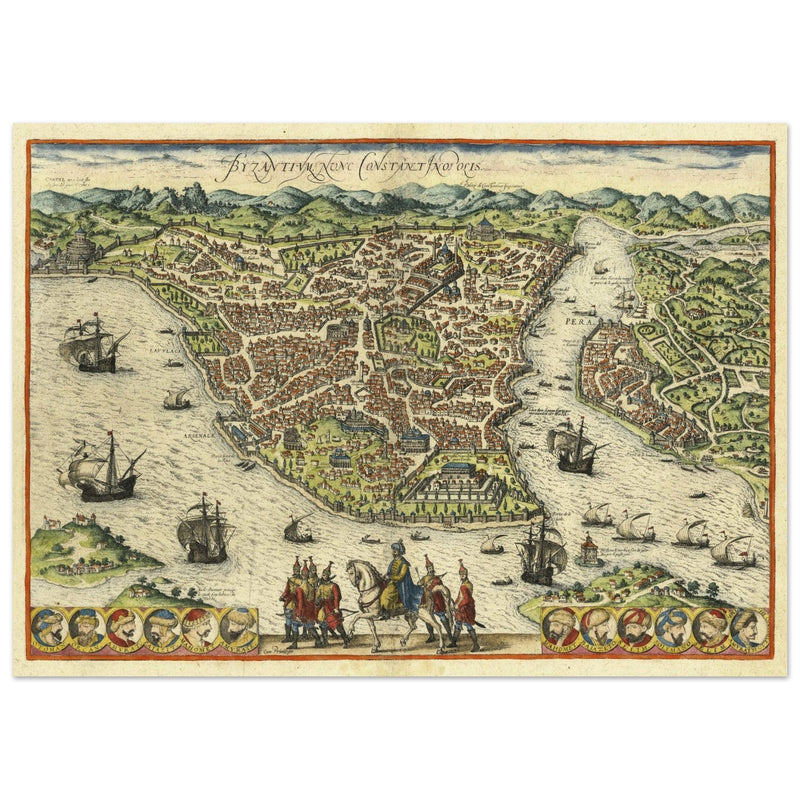 Istanbul ancient map. Byzantium Nunc Constantinopolis by Georg Braun