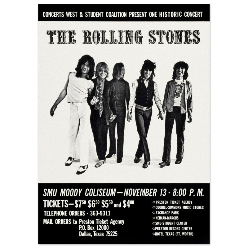 The Rolling Stones music poster of their performance at Dallas Texas in 1969.