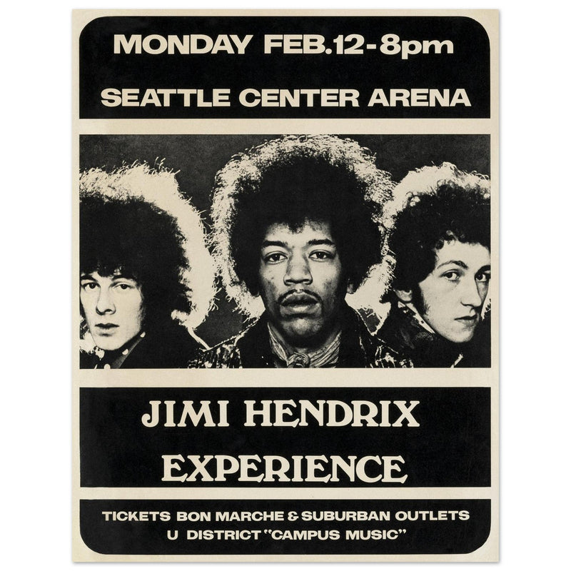 Jimi Hendrix concert poster of his performance at the Seattle Center Arena in 1968.