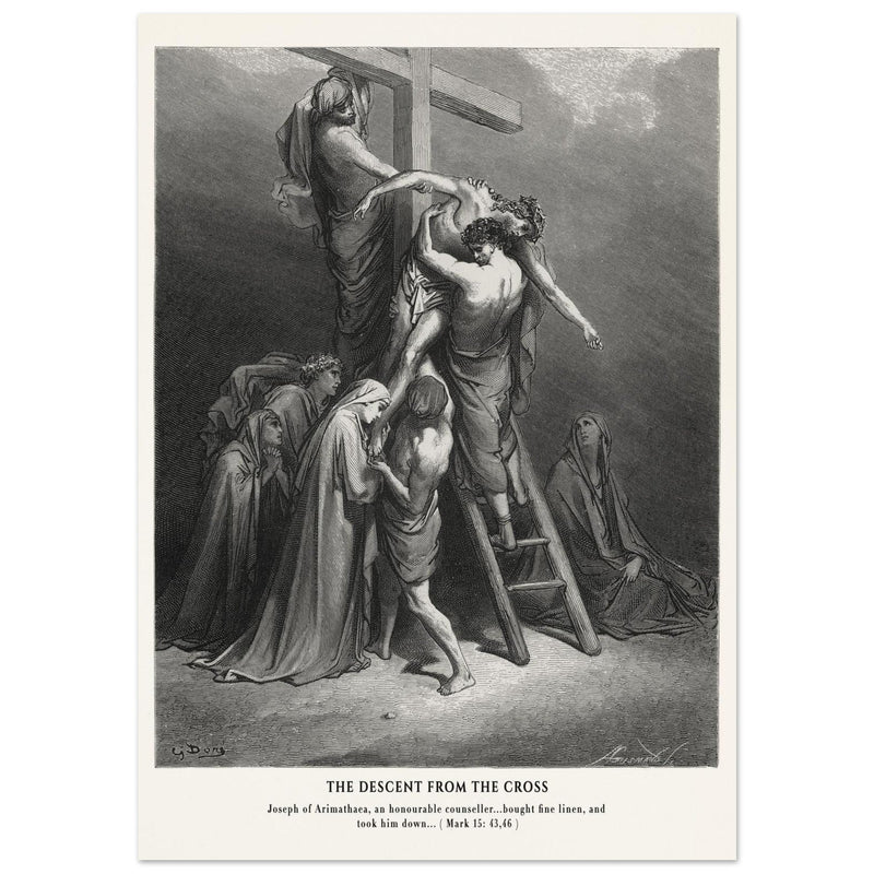 Gustave Dore The Bible engraving print . The Descent from the cross after Crucifixion illustration .