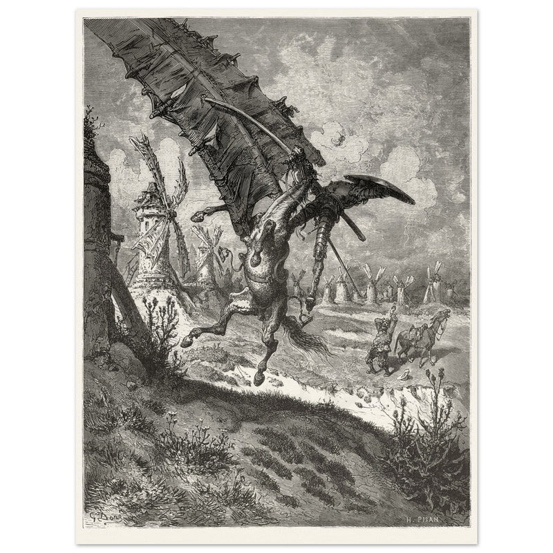 Don Quixote illustration by Gustave Dore. Fight with the wind mills .