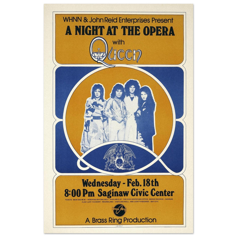 Queen a Night at the Opera concert poster. Performance at the Saginaw Civic Center in 1976.