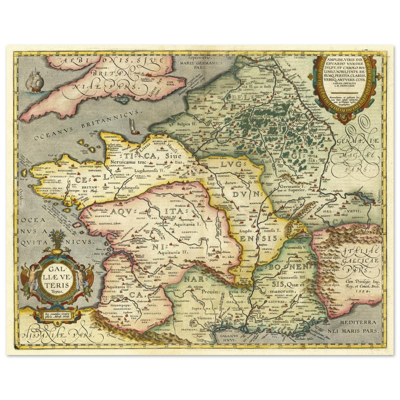 Galliae Veteris Typus by Abraham Ortelius. Ancient map of  Gaul ( now France ) .