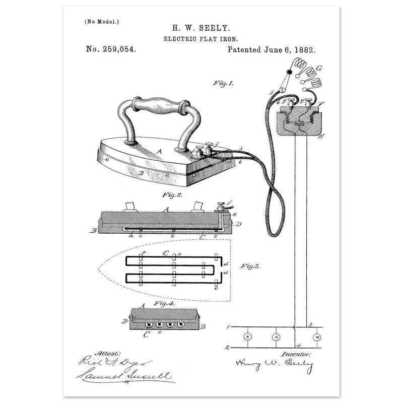 Electric Flat Iron patent by Henry W. Seeley Patent 259.054