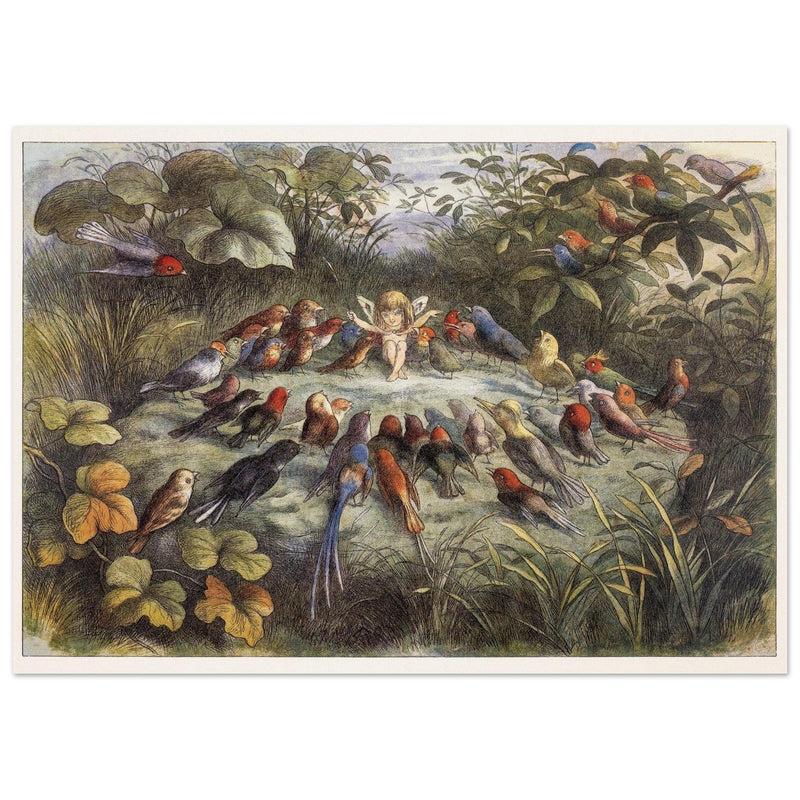 Richard Doyle illustration for Fairyland book. Elf teaching the young birds to sing