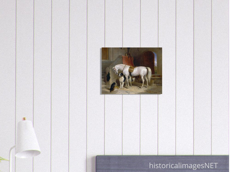 White horse in stable with dogs antique painting by Edwin Landseer.