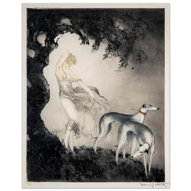 Louis Icart’s Gust of Wind (1925) Woman with her greyhound dogs.