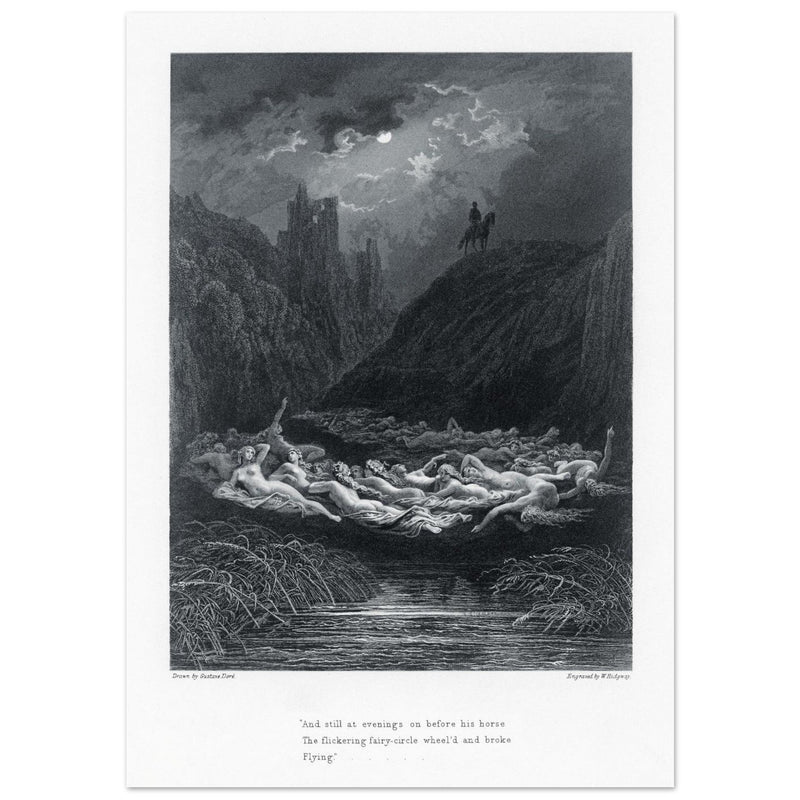 Gustave Dore illustration of King Arthur legend . The Fairy Circle. From the book Idylls of the King by Alfred Tennyson.