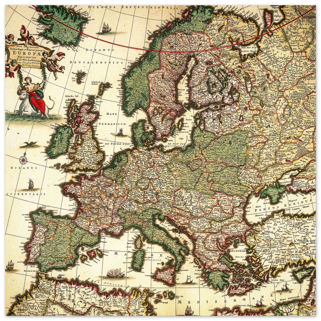 Ancient map of Europe. Nova et Accurata Totius Europæ Delineatio Vulgata" by Jacob Sandrart