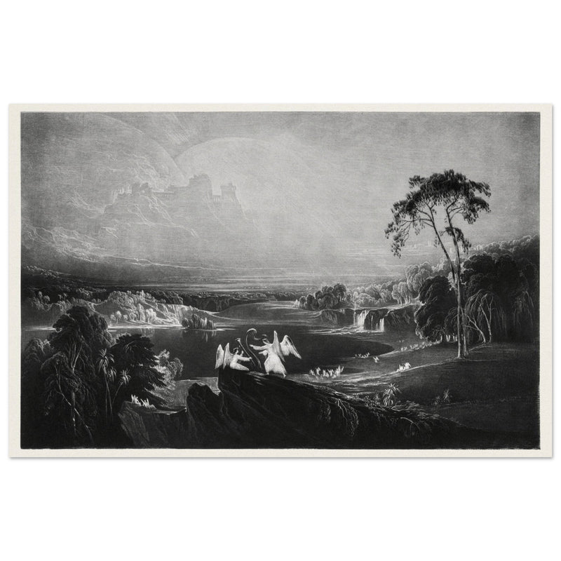 John Martin Paradise Lost Heaven – the Rivers of Bliss. Vintage mezzotint engraving .