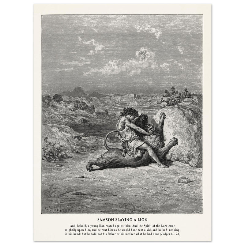 Gustave Dore The Bible engraving print . Samson slaying a lion illustration .