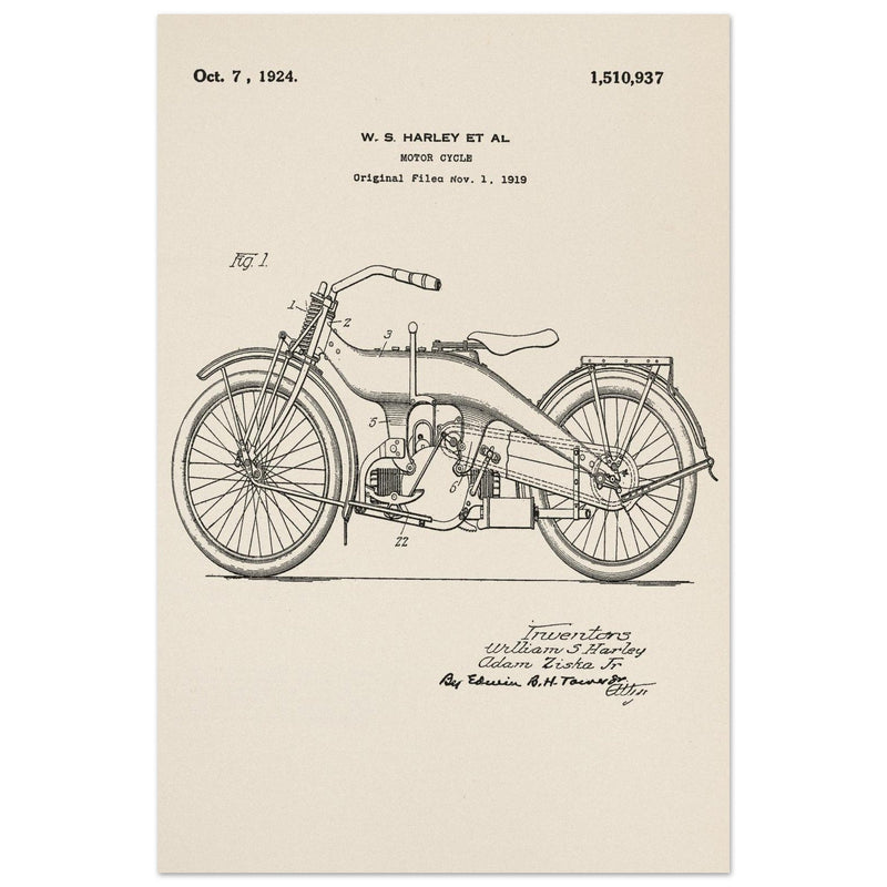 Vintage motorcycle patent by William S Harley founder of harley davidson.