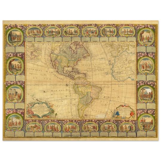 Ancient illustrated map of America. Poster of old cartography of the XVIII Century. Fine art .