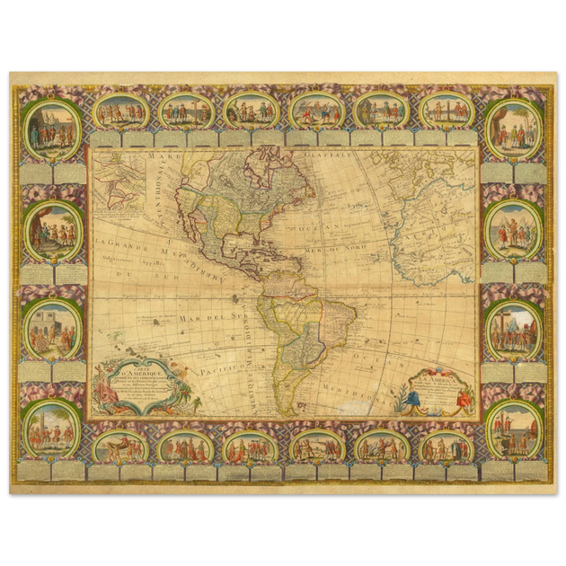 Ancient illustrated map of America. Poster of old cartography of the XVIII Century. Fine art .