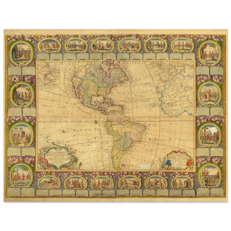 Ancient illustrated map of America. Poster of old cartography of the XVIII Century. Fine art .
