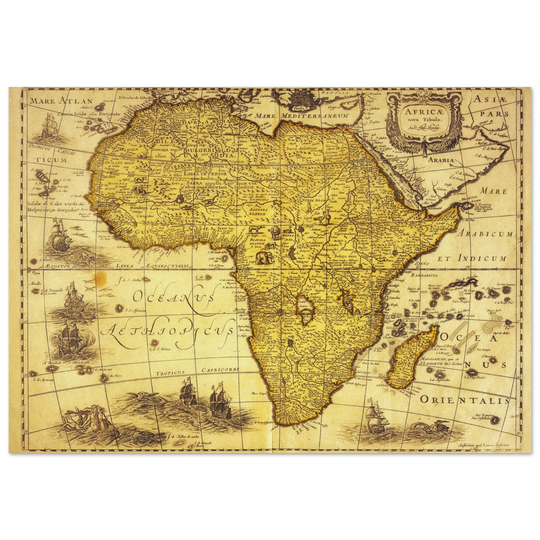 Africa ancient vintage map print reproduction. African continent cartography of 1680 by Hendrik Hondius