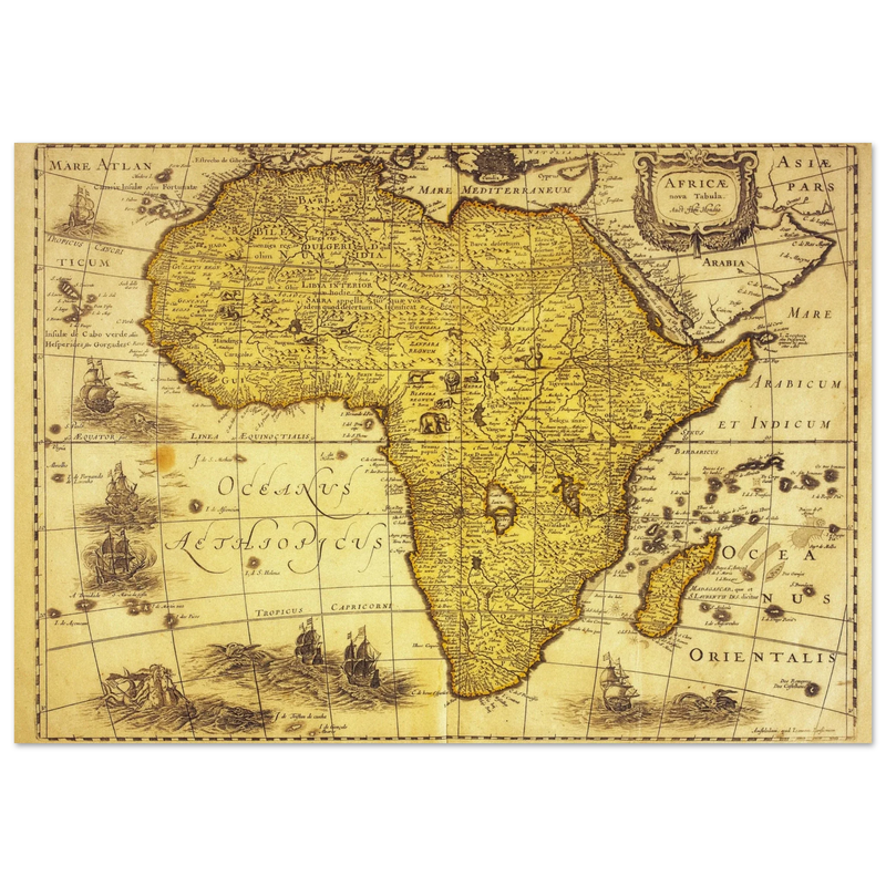 Africa ancient vintage map print reproduction. African continent cartography of 1680 by Hendrik Hondius