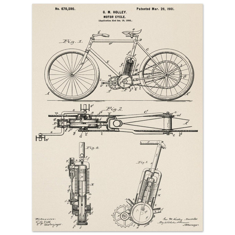 vintage motorcycle patent by G. M Holley.