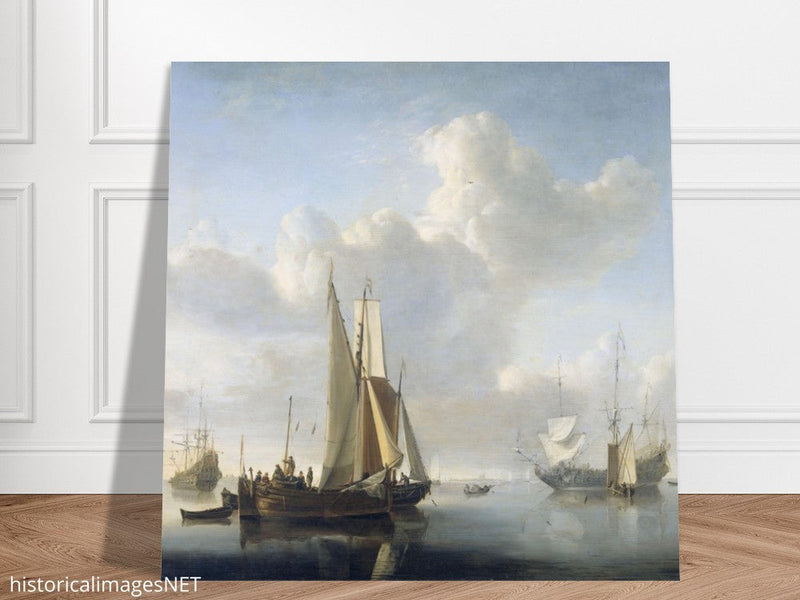 Willem van de Velde Ships before the coast. Marine landscape painting.