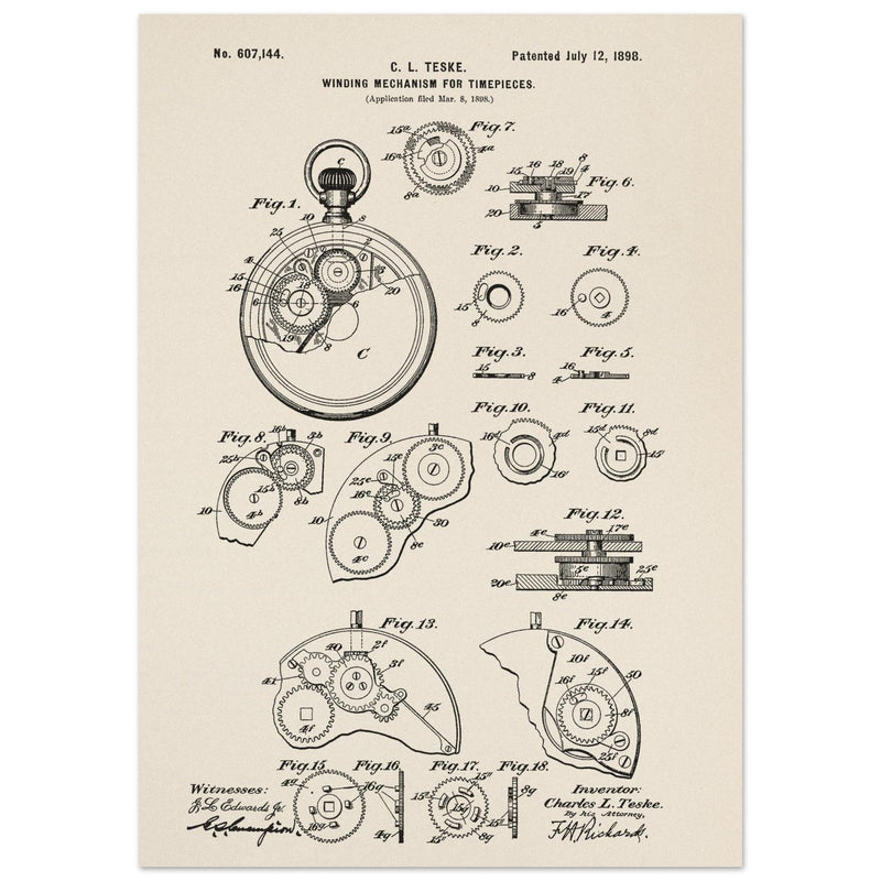 Winding Mechanism for Time Pieces, vintage clock patent .