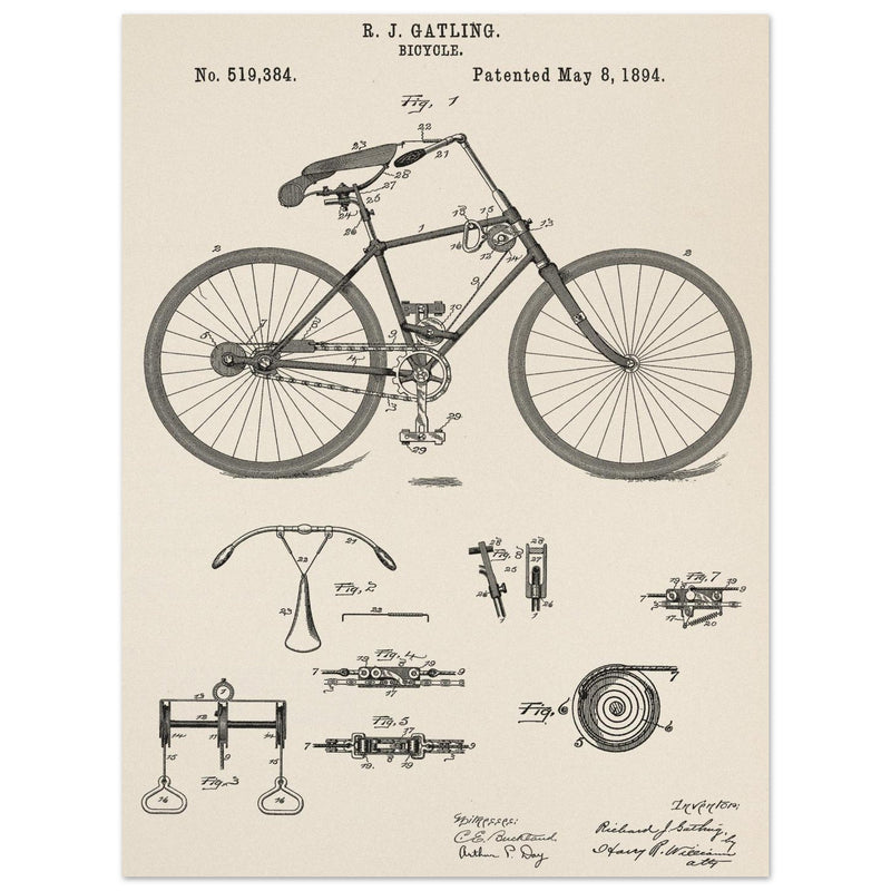 Vintage bicycle patent by Richard J Gatling 1894