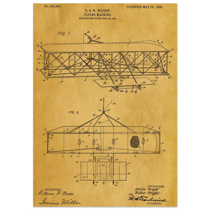Flying machine patent 1906 by the Wright brothers. Vintage airplane.