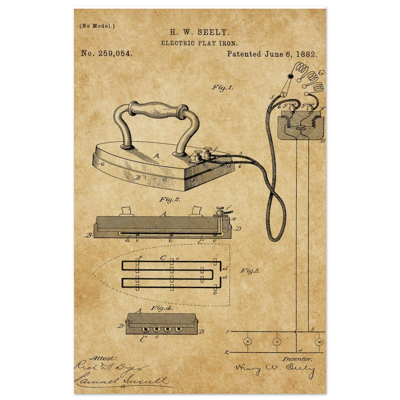 Electric Flat Iron patent by Henry W. Seeley Patent 259.054