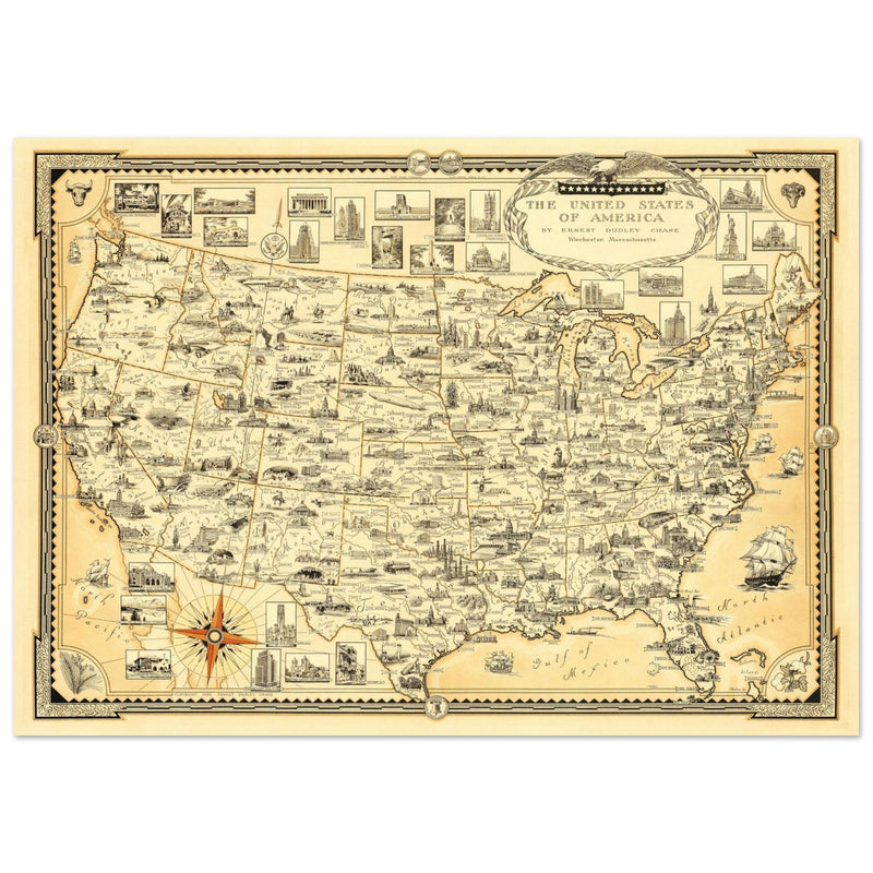 United States of America vintage map by Ernest Dudley Chase celebrating landmarks and national symbols of identity.