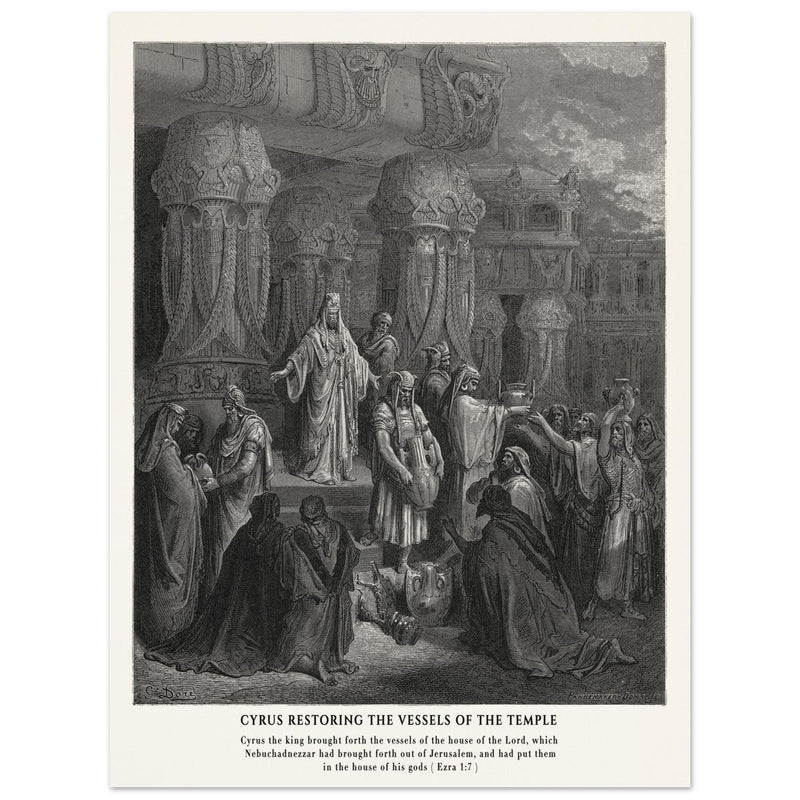 Gustave Dore The Bible engraving print . Cyrus restoring the vessesls of the temple .
