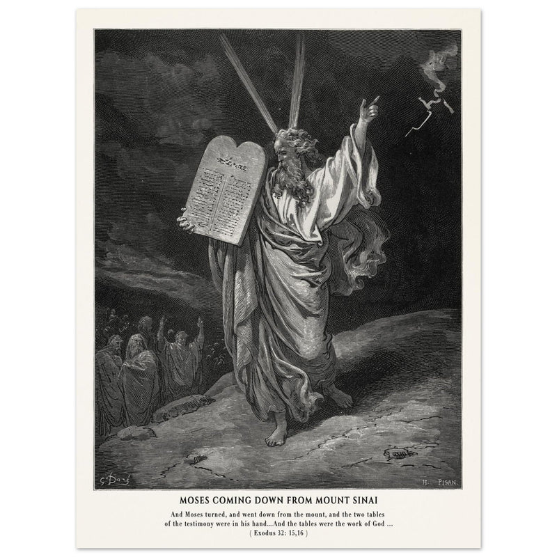 Gustave Dore The Bible engraving print . Moses coming down from Mount Sinai .