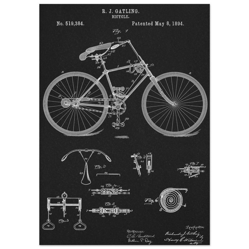 Vintage bicycle patent by Richard J Gatling 1894